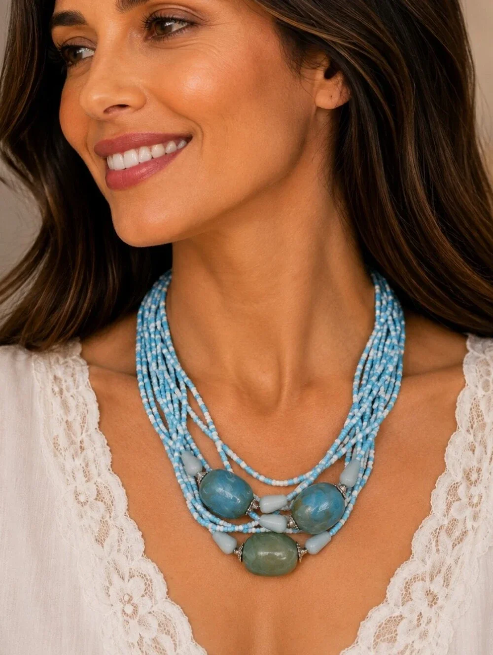 Vintage 1980s Multi-Strand Acrylic Blue Beaded Coastal Statement Necklace